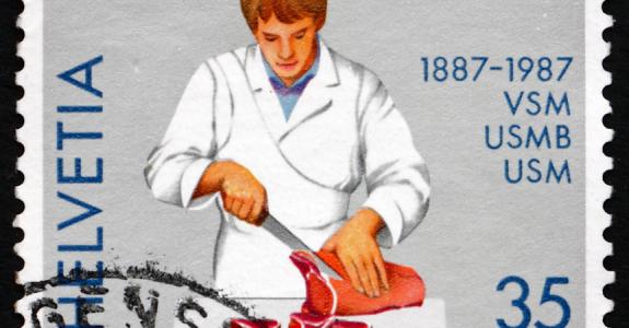 Dans un timbre commémoratif de 1987, l’Union suisse des maîtres bouchers (devenue Union professionnelle suisse de la viande depuis 2006) mettait déjà l’accent sur la relève…